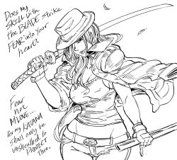 Rule 34 | 1girl, bb (baalbuddy), belt, commentary, covered erect nipples, cowboy shot, dual wielding, english commentary, english text, falling leaves, fedora, gloves, greyscale, hair over one eye, hat, highres, holding, holding sword, holding weapon, katana, leaf, long hair, looking at viewer, midriff peek, monochrome, one eye covered, original, otaku, over shoulder, pants, scabbard, sheath, shirt, simple background, solo, standing, sword, sword over shoulder, thigh gap, weapon, weapon over shoulder, white background