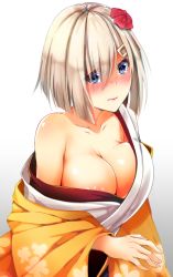 Rule 34 | 10s, 1girl, areola slip, blue eyes, blush, breasts, cleavage, closed mouth, clothes pull, collarbone, eyes visible through hair, floral print, flower, gradient background, hair flower, hair ornament, hairclip, hamakaze (kancolle), japanese clothes, kantai collection, kimono, large breasts, looking at viewer, nose blush, orange kimono, pink flower, short hair, silver hair, solo, suishin tenra, tears, upper body