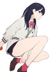 Rule 34 | 10s, 1girl, black hair, black skirt, blue eyes, bow, cardigan, closed mouth, collared shirt, expressionless, female focus, gridman universe, long hair, long sleeves, looking at viewer, microskirt, pleated skirt, red bow, scrunchie, shirt, simple background, sitting, skirt, sohin, solo, ssss.gridman, takarada rikka, thighs, white background, wrist scrunchie