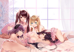 Rule 34 | 4girls, :d, ann (ann58533111), azur lane, blonde hair, blue eyes, blush, breasts, camisole, cleavage, commentary request, curtains, flower, haruna (azur lane), head rest, hiei (azur lane), horns, kirishima (azur lane), kongou (azur lane), large breasts, lingerie, long hair, looking at viewer, lying, medium hair, multiple girls, on back, on side, open mouth, panties, petals, pillow, pink camisole, pink panties, plant, purple eyes, purple hair, red eyes, smile, twintails, underwear, window