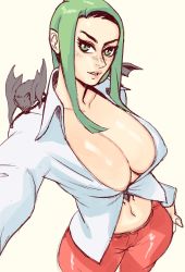 Rule 34 | 1girl, bat (animal), breasts, cleavage, collared shirt, cromwaits, green eyes, green hair, highres, large breasts, long hair, long sleeves, looking at viewer, midriff, morrigan aensland, navel, pants, parted lips, red pants, shirt, simple background, smile, solo, vampire (game), white shirt, yellow background
