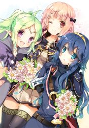 Rule 34 | 3girls, :d, ;), ahoge, armor, bad id, bad pixiv id, blue eyes, blue hair, bouquet, bow, cape, dutch angle, fang, fire emblem, fire emblem awakening, flower, gloves, green hair, hair bow, long hair, lucina (fire emblem), miwabe sakura, multiple boys, multiple girls, nintendo, nowi (fire emblem), one eye closed, open mouth, pink eyes, pink hair, pointy ears, ponytail, purple eyes, robin (female) (fire emblem), robin (fire emblem), smile, thighhighs, tiara