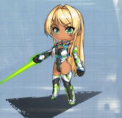 Rule 34 | 1girl, animated, animated gif, bare shoulders, black leotard, blonde hair, boots, bouncing breasts, breasts, chibi, cleavage, covered navel, dark-skinned female, dark skin, fighting stance, full body, gloves, green eyes, high heels, highleg, highleg leotard, kaley myers (taimanin asagi), large breasts, leotard, lilith-soft, lips, long hair, looking to the side, lowres, parted lips, shiny skin, simple background, skin tight, slashing, smile, solo, standing, sword, taimanin (series), taimanin rpgx, thighhighs, thong leotard, very long hair, weapon, white background