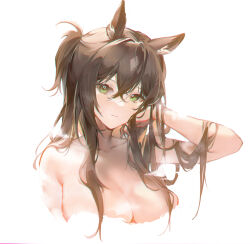 Rule 34 | 1girl, arknights, breasts, brown hair, cleavage, commentary request, cropped torso, green eyes, highres, large breasts, long hair, looking at viewer, meteor (arknights), miomaomiao, one side up, simple background, solo, upper body, white background