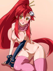 Rule 34 | 00s, 1girl, blush, breasts, cleft of venus, hair ornament, highres, long hair, looking at viewer, mei ichi, naked scarf, nipples, nude, open mouth, ponytail, pussy, red hair, scarf, skull hair ornament, solo, tengen toppa gurren lagann, thighhighs, uncensored, yellow eyes, yoko littner