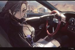 Rule 34 | 1girl, arknights, black jacket, black nails, blurry, blurry background, breasts, car, car interior, car seat, chinese commentary, cigarette, cleavage, commentary, dashboard, dress, drive shot, driving, unworn eyewear, garter straps, hair ornament, hairclip, highres, jacket, jewelry, large breasts, looking at viewer, motor vehicle, necklace, open window, penance (arknights), ring, smoking, solo, speedometer, steering wheel, thighhighs, white dress, window, yellow eyes