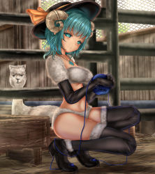 Rule 34 | 1girl, alternate costume, animal costume, barn, black footwear, black gloves, black hat, black thighhighs, blush, boots, breasts, day, diamond (gemstone), elbow gloves, expressionless, from side, gloves, green eyes, green hair, green pupils, hat, hat ribbon, hay, highres, hip focus, horns, indoors, jewelry, komeiji koishi, light rays, llama, looking at viewer, looking to the side, medium breasts, necklace, ribbon, sheep costume, sheep horns, shiny clothes, short hair, shounen (hogehoge), solo, squatting, stomach, sunlight, thighhighs, thighs, third eye, toned, touhou