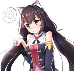 Rule 34 | 1girl, animal ear fluff, animal ears, black hair, black sleeves, blush, breasts, cat ears, closed mouth, collared shirt, commentary request, detached sleeves, fang, fang out, green eyes, hair between eyes, hand up, karyl (princess connect!), long hair, long sleeves, low twintails, mctom, paw pose, princess connect!, shirt, simple background, sleeveless, sleeveless shirt, small breasts, solo, spoken paw, twintails, upper body, v-shaped eyebrows, very long hair, wavy mouth, white background, white shirt