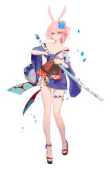 Rule 34 | 1girl, absurdres, animal ears, bare shoulders, blue flower, blue kimono, breasts, bu zhengjing de xiao xingxing, cleavage, closed mouth, flip-flops, flower, fox ears, full body, hair between eyes, hair flower, hair ornament, highres, holding, holding sword, holding weapon, honkai (series), honkai impact 3rd, japanese clothes, katana, kimono, long sleeves, looking at viewer, petals, pink hair, purple eyes, sandals, sheath, sheathed, simple background, solo, sword, toes, weapon, white background, yae sakura, yae sakura (goushinnso memento)