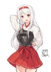Rule 34 | 1girl, artist name, brown eyes, commentary request, cowboy shot, dated, hairband, hakama, hakama short skirt, hakama skirt, headband, highres, japanese clothes, kantai collection, long hair, looking at viewer, muneate, one-hour drawing challenge, owa (ishtail), red headband, red skirt, shoukaku (kancolle), simple background, skirt, solo, standing, white background, white hair