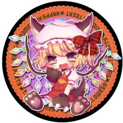 Rule 34 | 1girl, animal ears, ascot, blonde hair, bow, chibi, fang, flandre scarlet, hair bow, halloween, hat, hat bow, matasabuyarou, open mouth, red eyes, side ponytail, solo, tail, touhou, transparent background, wings, wolf ears, wolf girl, wolf paws, wolf tail