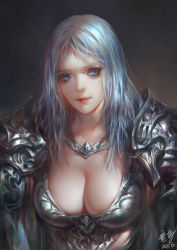 Rule 34 | 10s, 1girl, 2016, armor, blue eyes, breastplate, breasts, closed mouth, eyelashes, jewelry, knight, large breasts, light smile, looking to the side, necklace, original, pauldrons, red lips, shoulder armor, signature, silver hair, smile, solo, upper body, wuduo