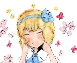 Rule 34 | 1girl, alice margatroid, alice margatroid (pc-98), ascot, bad id, bad pixiv id, blonde hair, blush stickers, bug, butterfly, closed eyes, fingers to cheeks, flower, hair ribbon, insect, ribbon, shirt, simple background, smile, solo, timesoe, touhou, touhou (pc-98), white background, white shirt