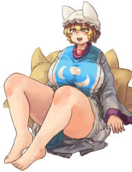 Rule 34 | 1girl, animal hat, barefoot, blonde hair, blush, breasts, chanta (ayatakaoisii), curvy, feet, fox tail, full body, grin, hat, highres, large breasts, long sleeves, mob cap, multiple tails, open mouth, mob cap, short hair, simple background, sitting, smile, solo, tabard, tail, thick thighs, thighs, touhou, white background, wide sleeves, yakumo ran, yellow eyes