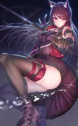 Rule 34 | 1girl, absurdres, animal ear fluff, animal ears, ankle boots, arknights, arm strap, ass, bare shoulders, black footwear, black gloves, black thighhighs, boots, breasts, cat ears, dagger, dress, from below, glint, gloves, highres, holding, holding sword, holding weapon, holster, knife, light particles, looking at viewer, material growth, medium breasts, melantha (arknights), no panties, open clothes, open vest, oripathy lesion (arknights), pink eyes, pink vest, purple dress, purple hair, serious, sheath, solo, swept bangs, sword, takechii, thigh holster, thighhighs, unsheathed, upskirt, vest, weapon