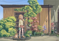Rule 34 | 1girl, adapted costume, berry, blonde hair, bubba (watson amelia), bush, cardigan, corrugated galvanised iron sheet, day, dog, door, drainpipe, closed eyes, flower pot, gutter, highres, hololive, hololive english, jl tan, miniskirt, morning, name tag, outdoors, pitchfork, plant, porch, potted plant, power lines, shade, shed, sign, signature, skirt, slippers, socks, solo, standing, tree, virtual youtuber, watering can, watson amelia, yawning