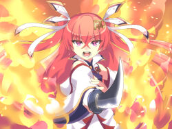 Rule 34 | 1girl, bare shoulders, deni m, detached sleeves, dress, fiery background, fire, floating hair, hair ornament, hair ribbon, holding, holding sword, holding weapon, jouizumi masamune, katana, open mouth, pointing sword, popped collar, red eyes, red hair, ribbon, solo, straight-on, sword, teeth, tenka hyakken, two side up, weapon, white dress, wide sleeves