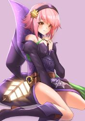 Rule 34 | 1girl, alternate breast size, bare shoulders, breasts, deekei, hairband, hat, highres, lantern, original, pink hair, short hair, small breasts, smile, solo, thighs, tohno amane (deekei), witch hat