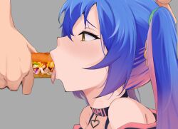 Rule 34 | 1girl, blue hair, blush, borrowed character, brown eyes, character name, choker, close-up, food, from side, gorgenzolla, green ribbon, grey background, hair between eyes, hair ribbon, hand on another&#039;s head, heart, heart choker, holding, holding food, long hair, multicolored hair, original, pink hair, ribbon, sandwich, sexually suggestive, tongue, tongue out, twintails, two-tone hair
