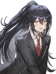 Rule 34 | 1boy, aqua eyes, black eyes, black hair, black vest, blush, bonno sasu, coat, heterochromia, high ponytail, hong lu (project moon), limbus company, long hair, long sleeves, looking at viewer, necktie, open mouth, project moon, red necktie, shirt, sidelocks, simple background, smile, solo, very long hair, vest, white background