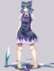 Rule 34 | 1girl, bad id, bad pixiv id, barefoot, blue eyes, blue hair, cirno, female focus, full body, matching hair/eyes, mochi.f, pigeon-toed, ribbon, short hair, solo, standing, touhou