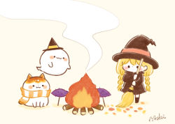 Rule 34 | 1girl, autumn leaves, blonde hair, braid, broom, cat, chara chara makiato, chibi, cooking, dress, fire, food, ghost, halloween, hat, hat ribbon, holding, holding broom, long hair, original, ribbon, roasted sweet potato, scarf, smoke, solo, striped clothes, striped scarf, sweet potato, twin braids, witch, witch hat