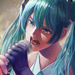 Rule 34 | 00s, 1girl, absurdres, aqua eyes, aqua hair, blue eyes, blue hair, colored eyelashes, determined, fingerless gloves, gloves, hatsune miku, highres, holding, holding microphone, long hair, matching hair/eyes, microphone, moyu (forest1101), music, open mouth, singing, solo, sweat, twintails, upper body, vocaloid