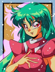 Rule 34 | 1990s (style), 1girl, armpit peek, ciela lapana, commentary, green hair, hand on own chest, highres, looking at viewer, open mouth, orange eyes, potiri02, retro artstyle, seisenshi dunbine, smile, solo