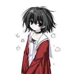 Rule 34 | 1girl, black choker, black eyes, black hair, black ribbon, character request, choker, closed mouth, copyright request, frilled shirt, frills, hajang68, highres, long sleeves, looking at viewer, open clothes, open shirt, red shirt, ribbon, sailor collar, shirt, short hair, simple background, solo, standing, upper body, white background, white sailor collar, white undershirt