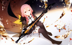 Rule 34 | 1girl, alternate costume, cangkong, commentary, guilty crown, highres, long hair, night, night sky, pink hair, red eyes, sky, solo, sword, thighhighs, thighs, wallpaper, weapon, yuzuriha inori