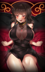 Rule 34 | 1girl, arm support, arms behind back, black dress, black panties, blunt bangs, blush, breasts, breasts apart, brown hair, couch, detached collar, dress, dsr-50 (girls&#039; frontline), dsr-50 (highest bid) (girls&#039; frontline), fishnets, girls&#039; frontline, large breasts, long hair, looking at viewer, naughty face, no bra, nt00, official alternate costume, panties, red eyes, sidelocks, sitting, sleeveless, sleeveless dress, solo, tongue, tongue out, underwear