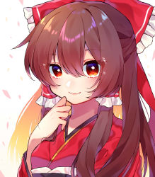 Rule 34 | 1girl, alternate costume, belt, blonde hair, blush, bow, breasts, brown hair, closed mouth, commentary request, crystal, diamond (shape), dress, eyes visible through hair, frills, gradient hair, hair between eyes, hair bow, hair ornament, hair tubes, hakurei reimu, hand up, heart, highres, japanese clothes, kimono, long hair, looking at viewer, medium breasts, multicolored hair, orange hair, petals, purple belt, red bow, red dress, red eyes, red kimono, renka (sutegoma25), simple background, smile, solo, touhou, upper body, white background