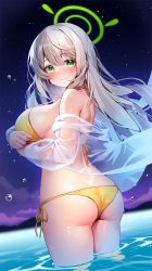 Rule 34 | 1girl, ass, bikini, blue archive, blush, breasts, butt crack, closed mouth, floating hair, from behind, green eyes, hair between eyes, halo, halterneck, highres, large breasts, long hair, looking at viewer, looking back, night, night sky, nonomi (blue archive), nonomi (swimsuit) (blue archive), ocean, pinki o64, see-through, side-tie bikini bottom, sky, smile, solo, standing, star (sky), starry sky, string bikini, swimsuit, wading, water, yellow bikini