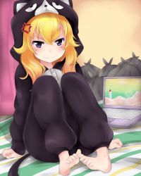 Rule 34 | &gt;:&gt;, 10s, 1girl, :&gt;, absurdres, anger vein, artist name, barefoot, blonde hair, blush, cat pajamas, closed mouth, computer, curtains, feet, full body, gabriel dropout, gabriel tenma white, hair between eyes, highres, indoors, laptop, long hair, long sleeves, on bed, pajamas, purple eyes, shunter, sitting, solo, trash bag, v-shaped eyebrows, watermark