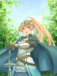 Rule 34 | 1girl, armor, armored dress, blonde hair, blue cape, blue eyes, blurry, bokeh, breastplate, cape, commentary, day, depth of field, forte (rune factory), gauntlets, gloves, hand on hilt, highres, knight, long hair, outdoors, planted, rune factory, rune factory 4, smile, solo, sword, tanusaku, tree, visor (armor), weapon
