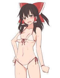 1girl arm_at_side bikini blush bow breasts brown_eyes brown_hair frilled_bow frills front-tie_bikini_top front-tie_top hair_bow hair_tubes hakurei_reimu halterneck hand_on_own_hip highres looking_at_viewer medium_breasts miyo_(ranthath) navel open_mouth short_hair side-tie_bikini_bottom simple_background solo strap_gap string_bikini swimsuit touhou white_background white_bikini