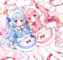 Rule 34 | 2girls, ahoge, animal ear fluff, animal ears, apron, artist name, blue bow, blue eyes, blue jacket, blue neckwear, blue skirt, blush, bow, cat ears, cat tail, commentary request, cover, cover page, cowboy shot, cropped jacket, fish hair ornament, food-themed hair ornament, hair between eyes, hair bow, hair ornament, hairclip, hands up, highres, jacket, knees together feet apart, long hair, looking at viewer, lying, maid, maid headdress, midriff, miniskirt, momozu komamochi, multiple girls, navel, on back, on bed, original, pantyhose, pillow, pink hair, pink jacket, pink skirt, purple eyes, red bow, red neckwear, ribbon, scarf, sidelocks, skirt, strawberry hair ornament, stuffed animal, stuffed fish, stuffed mouse, stuffed toy, tail, tail ornament, tail ribbon, twintails, two side up, waist apron, white legwear, white ribbon, yarn, yarn ball