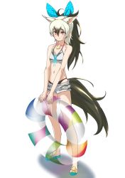 Rule 34 | aardwolf (kemono friends), aardwolf print, absurdres, animal ears, animal print, bare arms, bare legs, bare shoulders, bikini, bikini under clothes, black hair, bow, closed mouth, collarbone, cutoffs, extra ears, full body, grey hair, hair between eyes, hair bow, high ponytail, highres, holding, holding swim ring, innertube, jewelry, kemono friends, long hair, looking at viewer, multicolored eyes, multicolored hair, navel, necklace, official alternate costume, open clothes, open fly, open shorts, print bikini, print shorts, print swimsuit, red eyes, sandals, shell, shell necklace, short shorts, shorts, sidelocks, simple background, skindentation, smile, standing, stomach, swim ring, swimsuit, tail, tanabe (fueisei), toes, transparent, two-tone hair, v arms, white background, yellow eyes