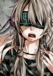 Rule 34 | 1girl, asymmetrical bangs, bad id, bad pixiv id, black shirt, blindfold, blood, blood from mouth, blood on face, blouse, brown hair, cable, crying, grey hair, hair between eyes, hair over one eye, headphones, koubou, long hair, messy hair, open mouth, original, sensory deprivation, shirt, solo, tears, veins