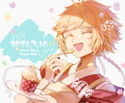 Rule 34 | 1other, androgynous, blonde hair, braid, candy, closed eyes, colored eyelashes, commentary request, cupcake, dated, english text, food, happy, hemo (hemoroda), holding, holding spoon, japanese clothes, kimono, konpeitou, len&#039;en, ooama no ake no mitori, open mouth, red kimono, sleeveless, sleeveless kimono, smile, solo, spoon, twin braids