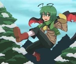 Rule 34 | 1girl, alternate costume, antennae, blue sky, boots, cape, cloud, dai (touhou handdrawn), day, female focus, gazacy (dai), green eyes, green hair, jacket, looking at viewer, matching hair/eyes, mittens, open mouth, pants, pantyhose, scarf, sky, smile, snow, solo, touhou, tree, winter clothes, wriggle nightbug