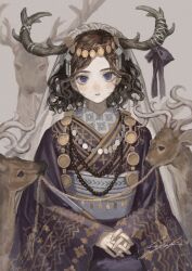 Rule 34 | 1girl, animal hood, blue bow, blue eyes, blue kimono, bow, brown hair, commentary, curly hair, deer, deer horns, english commentary, grey background, hair ornament, highres, hood, horns, japanese clothes, jewelry, kimono, light blush, long sleeves, looking at viewer, medium hair, necklace, original, own hands together, pale skin, parted bangs, parted lips, patterned clothing, rope, sayoko (sayosny2), signature, simple background, sitting, solo, traditional clothes, upper body, wide sleeves