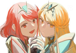 Rule 34 | 2girls, absurdres, black gloves, blonde hair, blush, breasts, chest jewel, dress, dual persona, earrings, female focus, fingerless gloves, gem, gloves, headpiece, highres, holding hands, jewelry, large breasts, long hair, looking at viewer, matching hair/eyes, multiple girls, mythra (massive melee) (xenoblade), mythra (xenoblade), nintendo, nukakarubepu, pyra (xenoblade), red eyes, red hair, short dress, short hair, smile, super smash bros., swept bangs, tiara, very long hair, white dress, xenoblade chronicles (series), xenoblade chronicles 2, yellow eyes