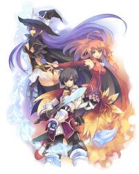 Rule 34 | 1boy, 2girls, ahoge, althea, armor, bare shoulders, black hair, blue eyes, blue hair, breasts, cape, crown, detached sleeves, earrings, fatima (luminous arc), hat, holding, holding sword, holding weapon, jewelry, long hair, luminous arc, luminous arc 2, medium breasts, multiple girls, official art, pink hair, pointy ears, purple eyes, roland (luminous arc), sword, third-party source, weapon, witch, witch hat