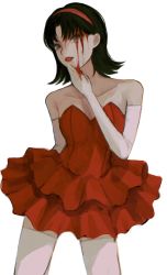 Rule 34 | 1girl, armpit crease, bare shoulders, black hair, bleeding, blood, blood on clothes, blood on face, blood on gloves, collarbone, dress, elbow gloves, gloves, grey eyes, hairband, highres, inuo (inuo x), kirigoe mima, looking at viewer, medium hair, off shoulder, parted lips, perfect blue, red dress, red hairband, red lips, simple background, solo, strapless, strapless dress, thighhighs, white background, white gloves, white thighhighs