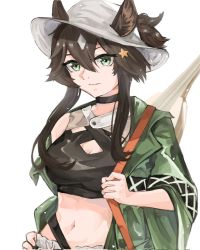 Rule 34 | 1girl, arknights, aylum., bare shoulders, black choker, black hair, breasts, choker, cleavage, cleavage cutout, clothing cutout, commentary request, crop top, ears through headwear, fedora, green eyes, green jacket, hair between eyes, hair ornament, hat, highres, jacket, long sleeves, medium breasts, meteor (arknights), meteor (bard&#039;s holiday) (arknights), midriff, navel, off shoulder, simple background, solo, star (symbol), star hair ornament, stomach, upper body, white background, white hat, wide sleeves