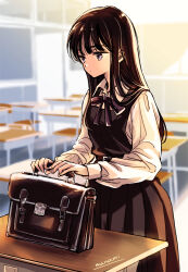 Rule 34 | 1girl, aged down, artist name, black dress, blurry, blurry background, briefcase, brown hair, chair, classroom, closed mouth, collared shirt, commentary request, desk, dress, expressionless, himawari-san, himawari-san (character), indoors, long hair, long sleeves, neck ribbon, pinafore dress, pleated dress, purple eyes, purple ribbon, ribbon, school briefcase, school chair, school desk, school uniform, shirt, signature, sleeveless, sleeveless dress, solo, standing, sugano manami, white shirt