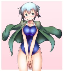 Rule 34 | 1girl, blush, breasts squeezed together, breasts, cardigan, competition school swimsuit, covered erect nipples, green eyes, green hair, grin, hidamari sketch, jacket, jacket on shoulders, kagami uekusa, matching hair/eyes, nori (hidamari sketch), one-piece swimsuit, school swimsuit, short twintails, smile, solo, standing, swimsuit, twintails, v arms