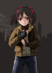 Rule 34 | 10s, 1girl, adjusting glove, black gloves, black hair, cosplay, crossover, fingerless gloves, gloves, grand theft auto, grand theft auto iv, jacket, love live!, love live! school idol project, making-of available, name connection, niko bellic, niko bellic (cosplay), pun, red eyes, rockstar, rotamo, solo, standing, twintails, yazawa nico