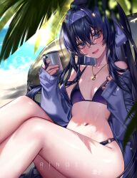 Rule 34 | 1girl, :d, absurdres, bare legs, bikini, blue archive, blue eyes, blue hair, blush, breasts, cup, dark blue hair, day, highres, holding, holding cup, jacket, jewelry, long hair, looking at viewer, necklace, off shoulder, open clothes, open jacket, open mouth, outdoors, palm leaf, ponytail, purple bikini, ringeko-chan, sitting, sleeves past wrists, small breasts, smile, solo, swimsuit, ui (blue archive), ui (swimsuit) (blue archive), very long hair
